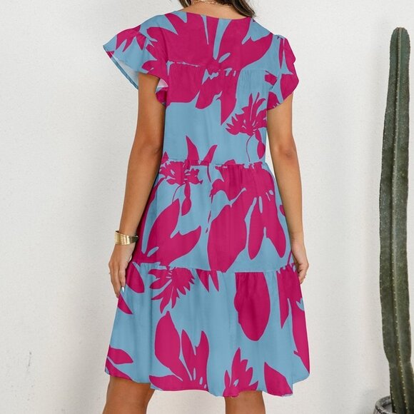 Rose Red & Blue Floral Flutter-Sleeve Dress - Size M - Picture 2 of 2